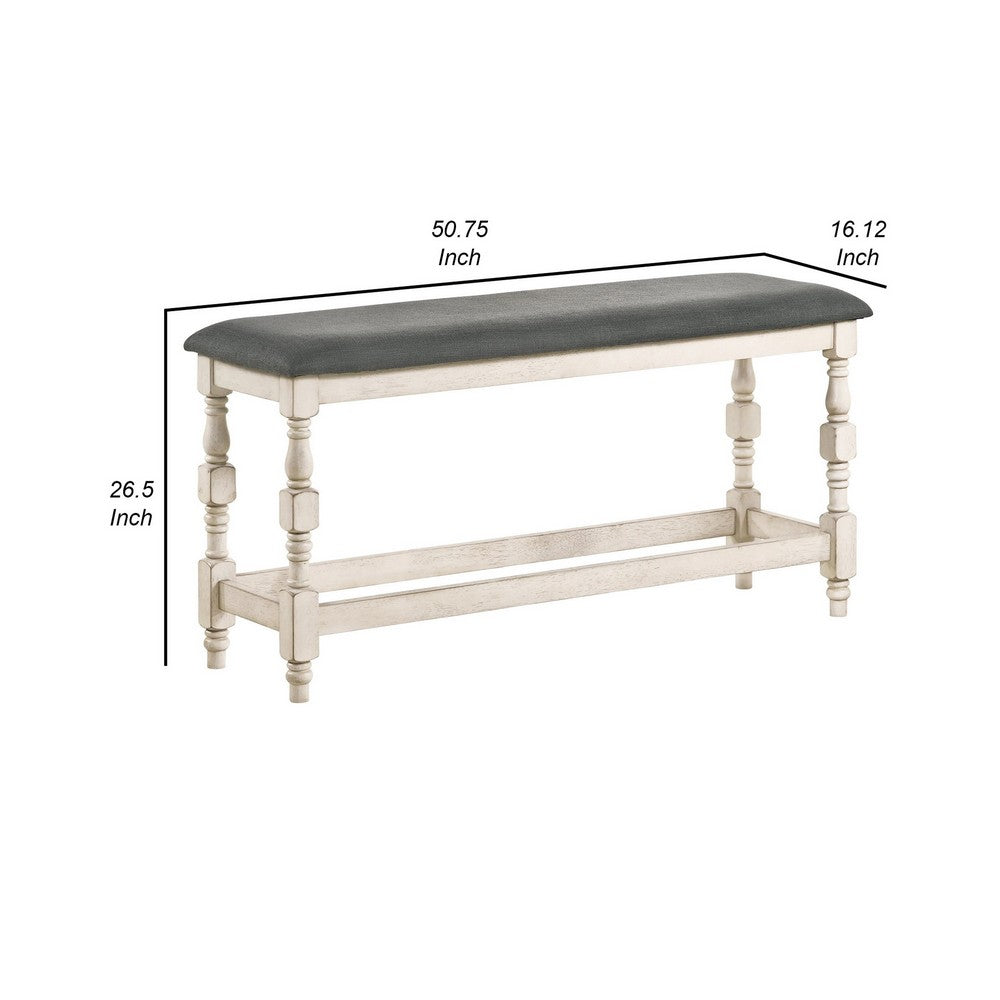 Swan 51 Inch Counter Height Bench, Gray Padded Seat, Ivory Turned Legs