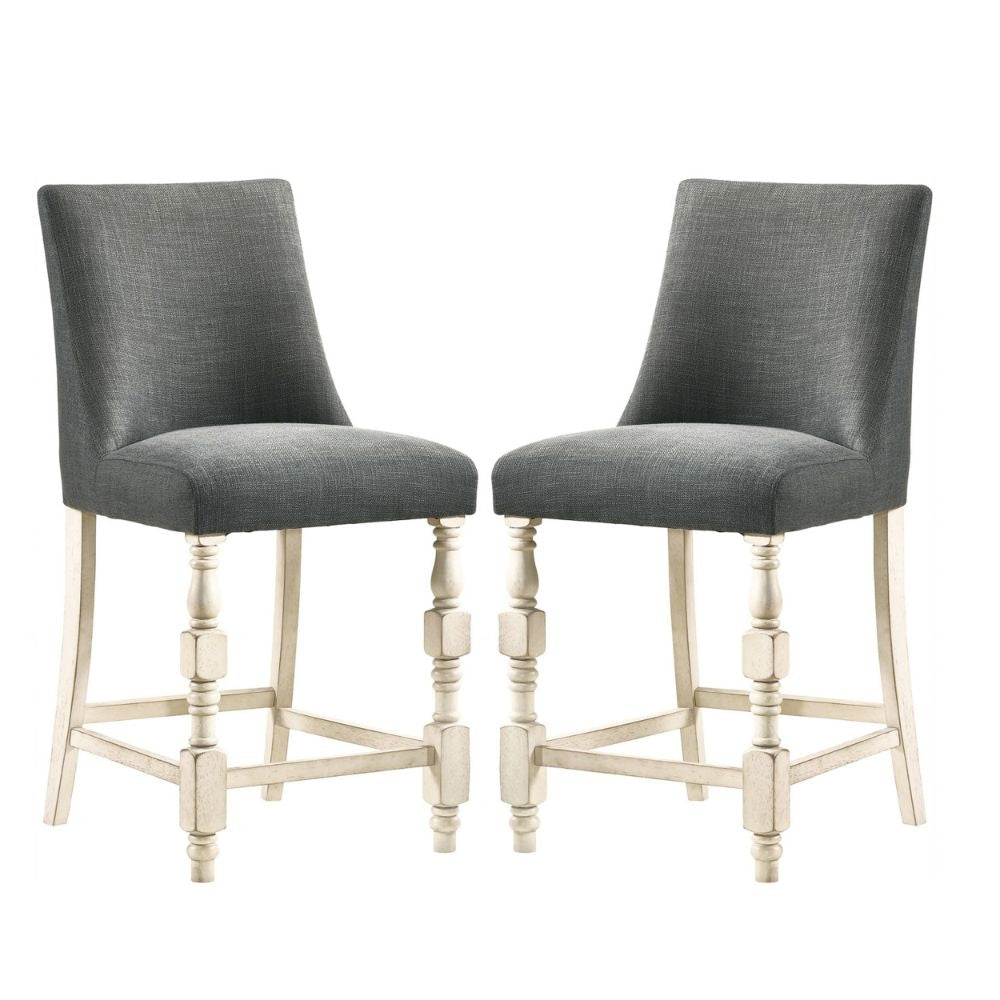 Swan 26 Inch Counter Height Stool, Set of 2, Gray Padded Seat, Turned Legs