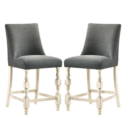Swan 26 Inch Counter Height Stool, Set of 2, Gray Padded Seat, Turned Legs