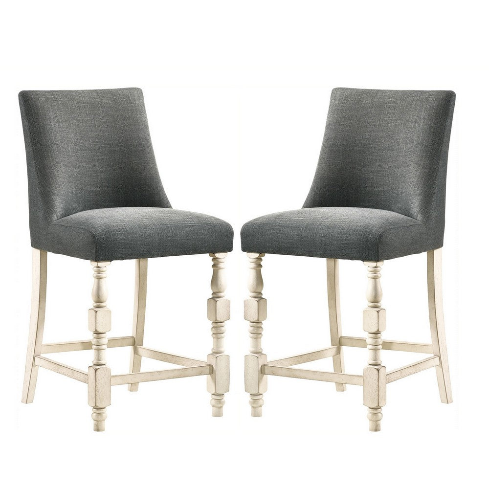 Swan 26 Inch Counter Height Chair, Set of 2, Gray Seat, Ivory Turned Legs