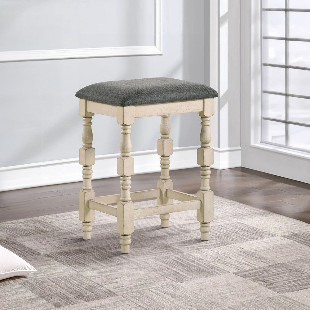 Swan 26 Inch Counter Height Stool, Set of 2, Gray Padded Seat, Turned Legs