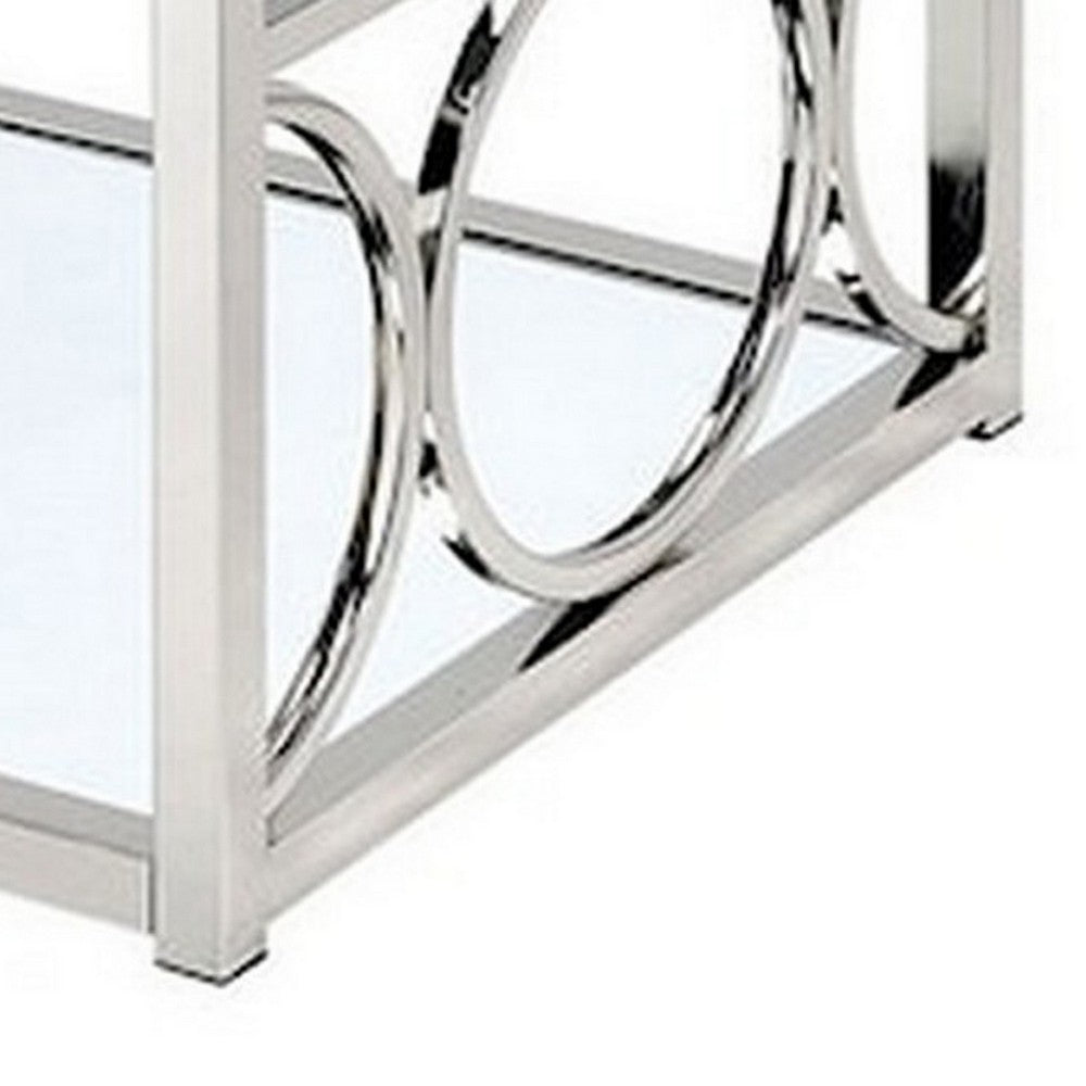 Paire 47 Inch Coffee Table, Glass Top, Mirrored Bottom Shelf, Metal Accents