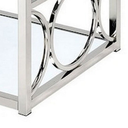 Paire 47 Inch Coffee Table, Glass Top, Mirrored Bottom Shelf, Metal Accents