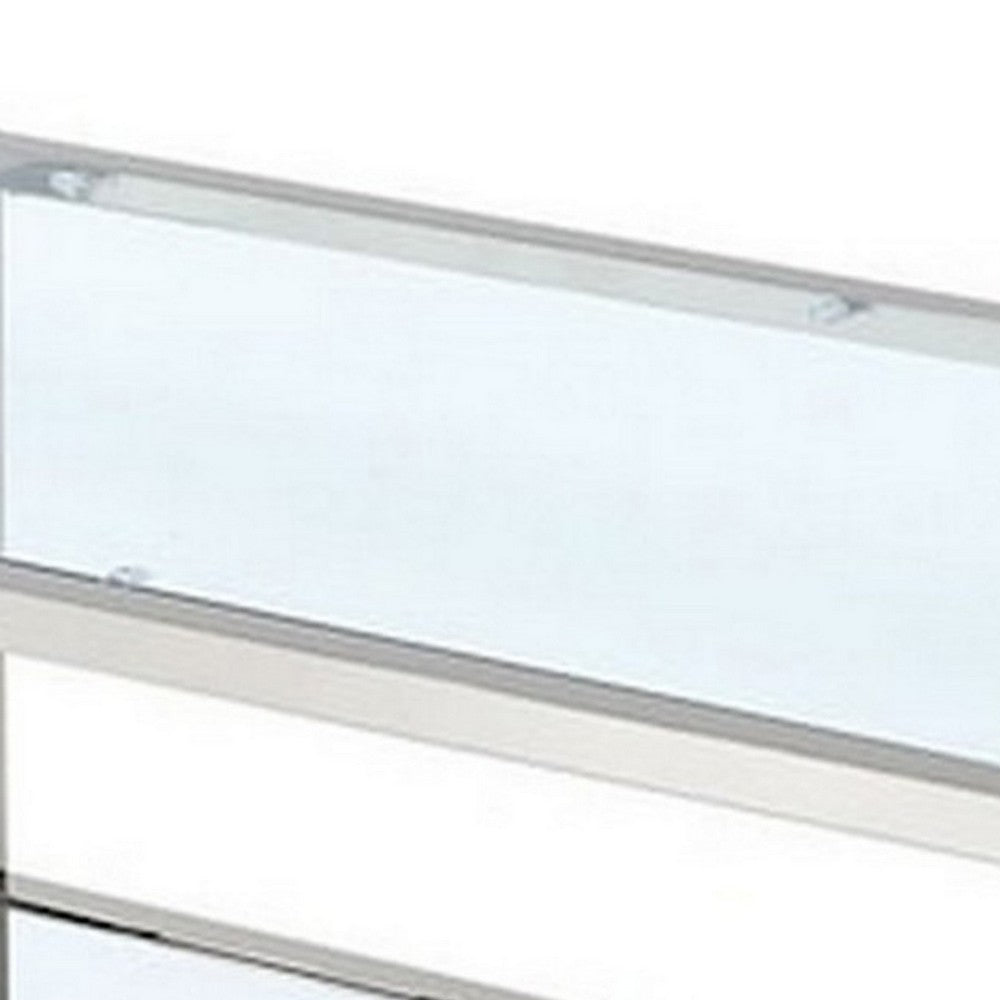 Paire 47 Inch Coffee Table, Glass Top, Mirrored Bottom Shelf, Metal Accents