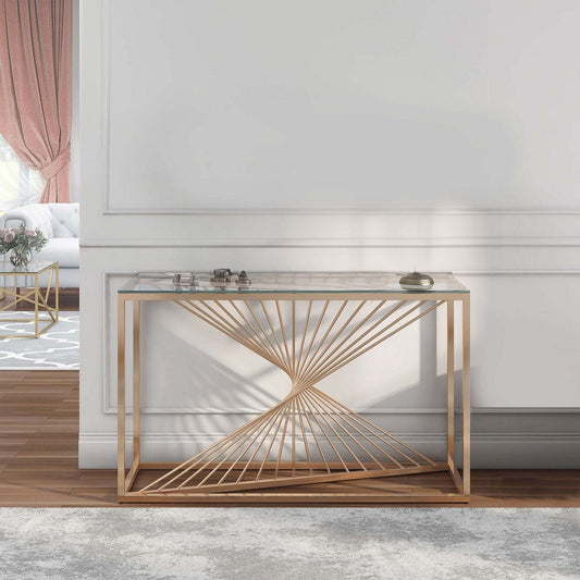 Glen 47 Inch Sofa Console Table, Tempered Glass Top, Twisted Slatted Design