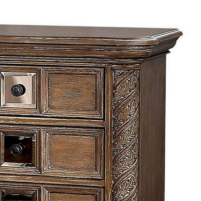 Isac 30 Inch Nightstand, 3 Gliding Drawers, Carved Faux Wood, Rustic Brown