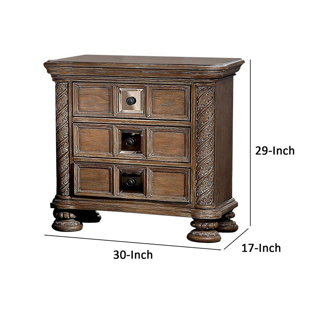 Isac 30 Inch Nightstand, 3 Gliding Drawers, Carved Faux Wood, Rustic Brown