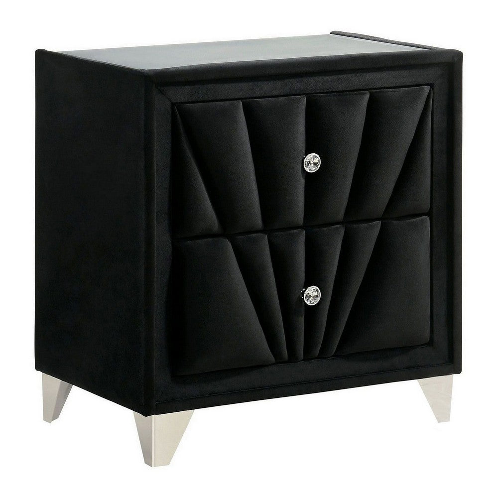 Ino 28 Inch Modern Nightstand, Velvet Upholstery, Art Deco Style, Black