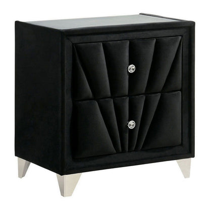 Ino 28 Inch Modern Nightstand, Velvet Upholstery, Art Deco Style, Black