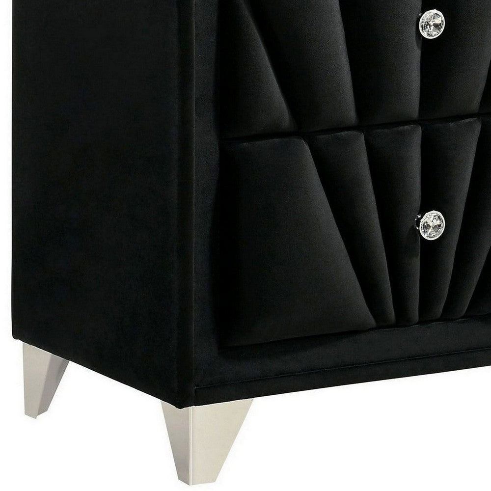 Ino 28 Inch Modern Nightstand, Velvet Upholstery, Art Deco Style, Black