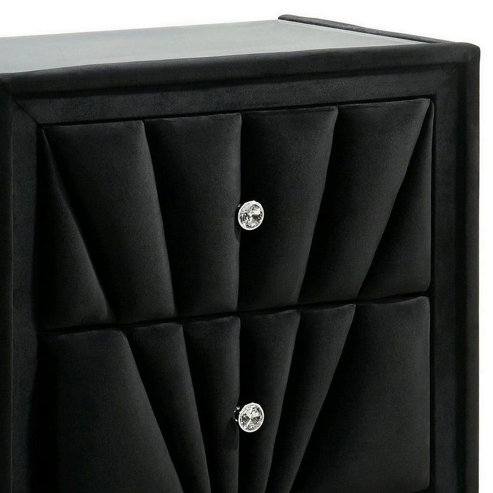 Ino 28 Inch Modern Nightstand, Velvet Upholstery, Art Deco Style, Black