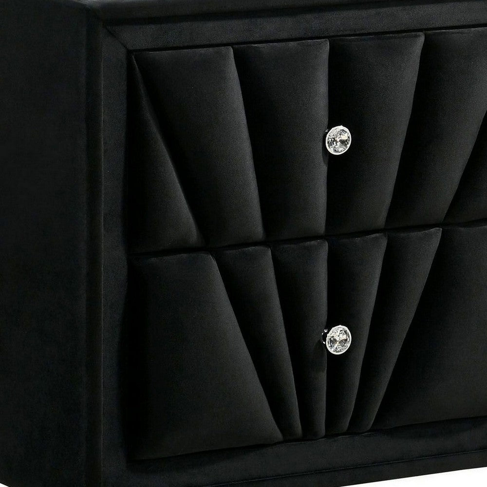 Ino 28 Inch Modern Nightstand, Velvet Upholstery, Art Deco Style, Black