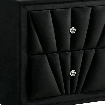 Ino 28 Inch Modern Nightstand, Velvet Upholstery, Art Deco Style, Black