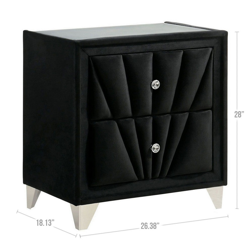 Ino 28 Inch Modern Nightstand, Velvet Upholstery, Art Deco Style, Black
