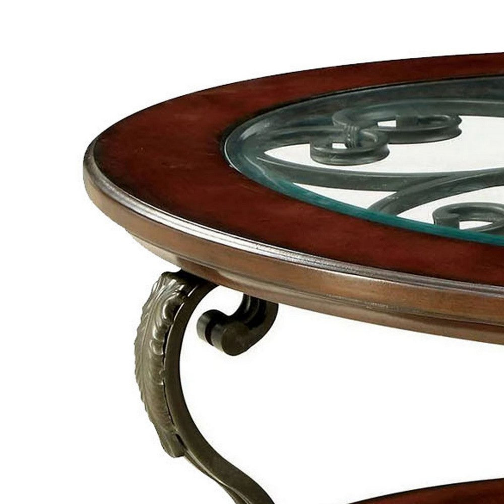 48 Inch Oval Coffee Table, Glass Top, Scrolled Metal Legs, Cherry Brown