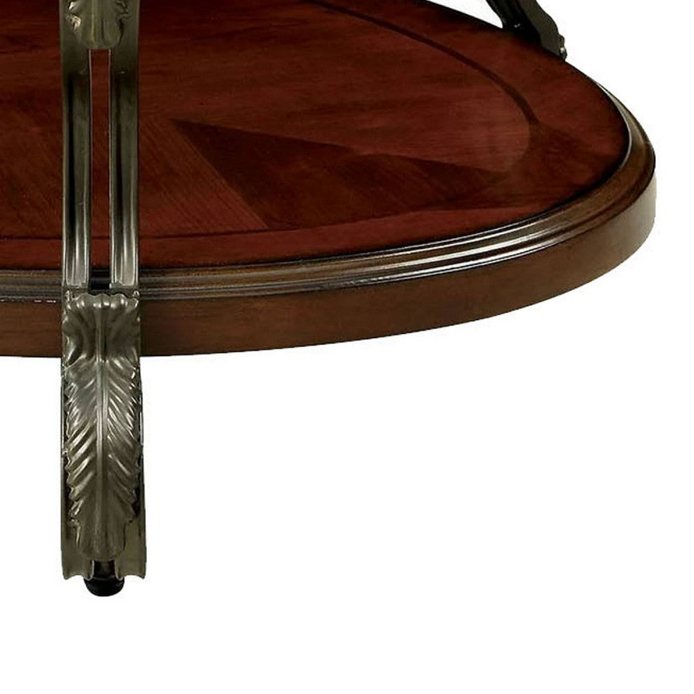 48 Inch Oval Coffee Table, Glass Top, Scrolled Metal Legs, Cherry Brown
