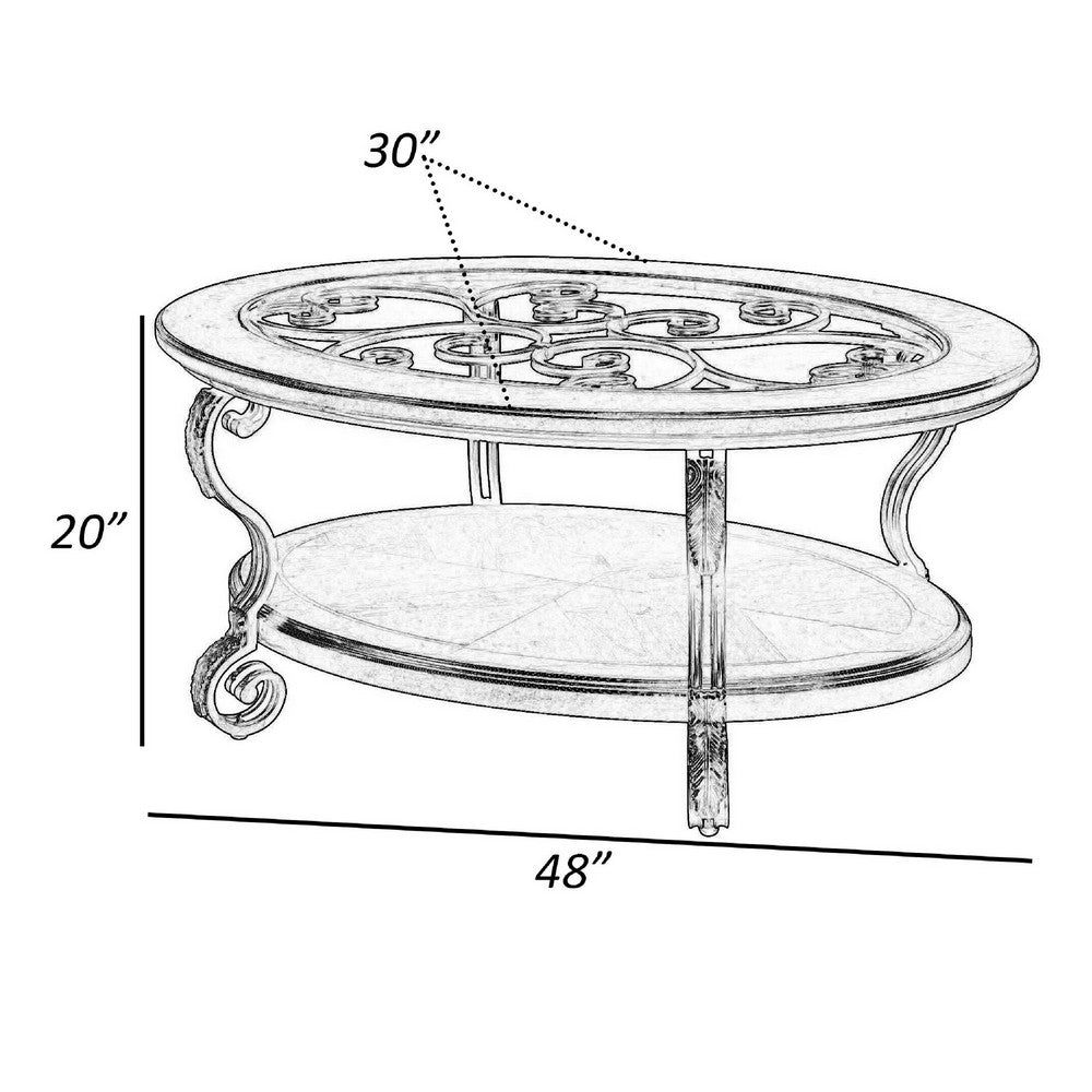 48 Inch Oval Coffee Table, Glass Top, Scrolled Metal Legs, Cherry Brown