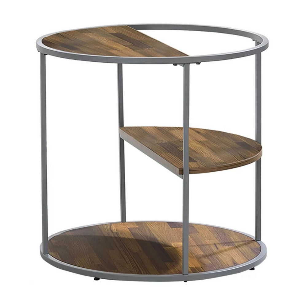 Lenn 24 Inch 3 Tier Round Brown Side End Table, Half Shelf, Gray Frame