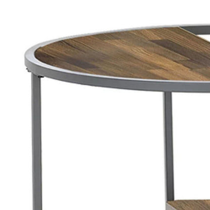 Lenn 24 Inch 3 Tier Round Brown Side End Table, Half Shelf, Gray Frame