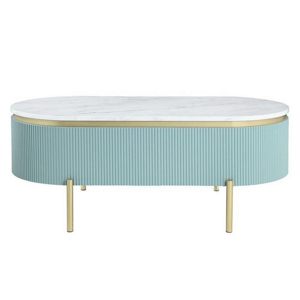 Ville 48 Inch Oblong Coffee Table, White Faux Marble Top, Teal Reeded Edges