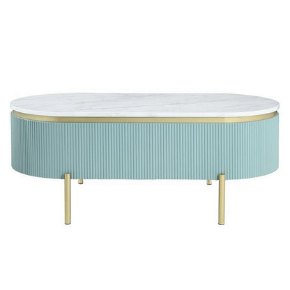 Ville 48 Inch Oblong Coffee Table, White Faux Marble Top, Teal Reeded Edges