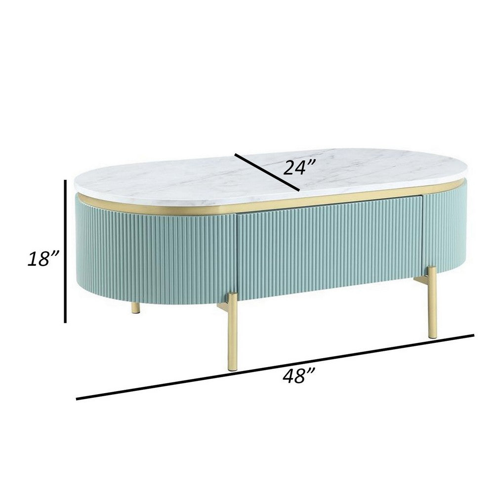 Ville 48 Inch Oblong Coffee Table, White Faux Marble Top, Teal Reeded Edges