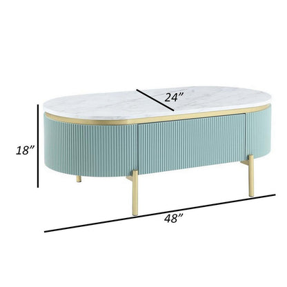 Ville 48 Inch Oblong Coffee Table, White Faux Marble Top, Teal Reeded Edges