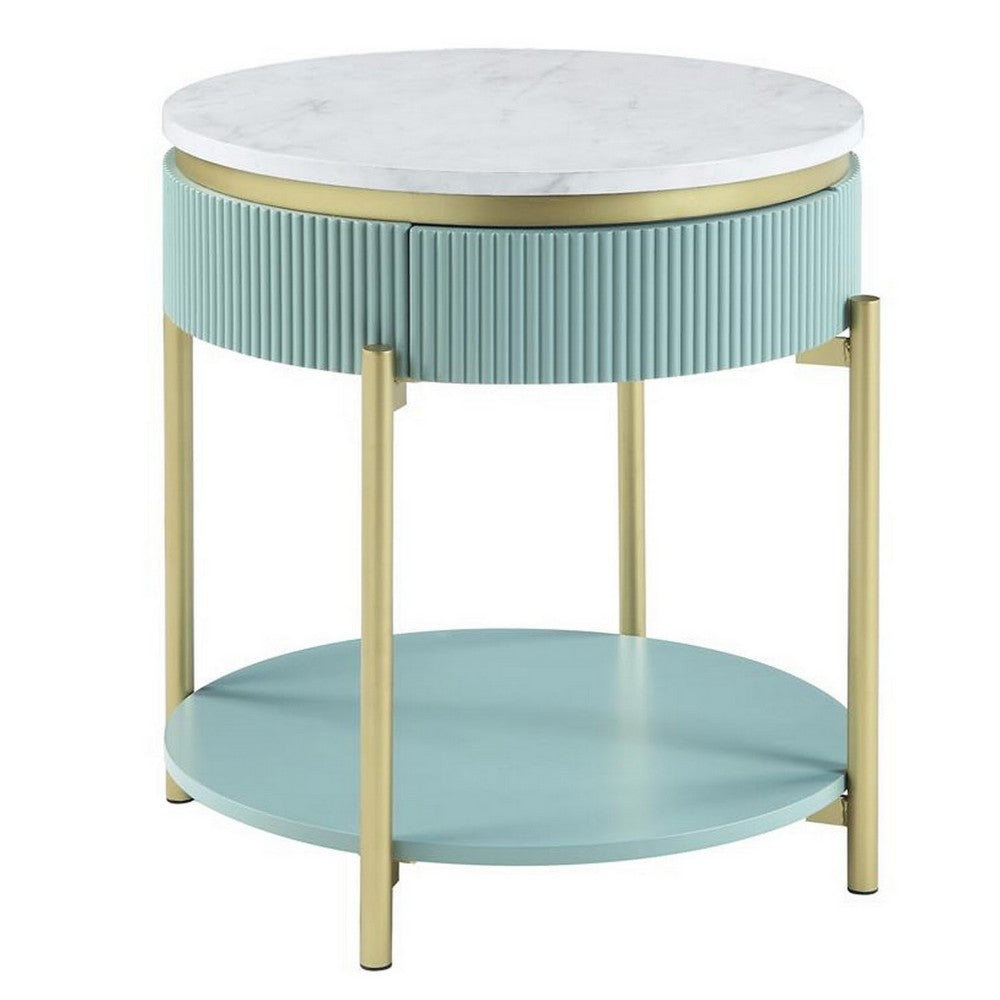 Ville 23 Inch Round Side End Table, White Faux Marble Top, Teal Reeded Edge