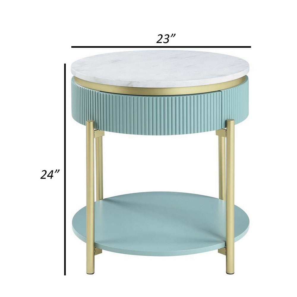 Ville 23 Inch Round Side End Table, White Faux Marble Top, Teal Reeded Edge