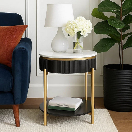 Ville 23 Inch Round Side End Table, White Faux Marble Top Brown Reeded Edge