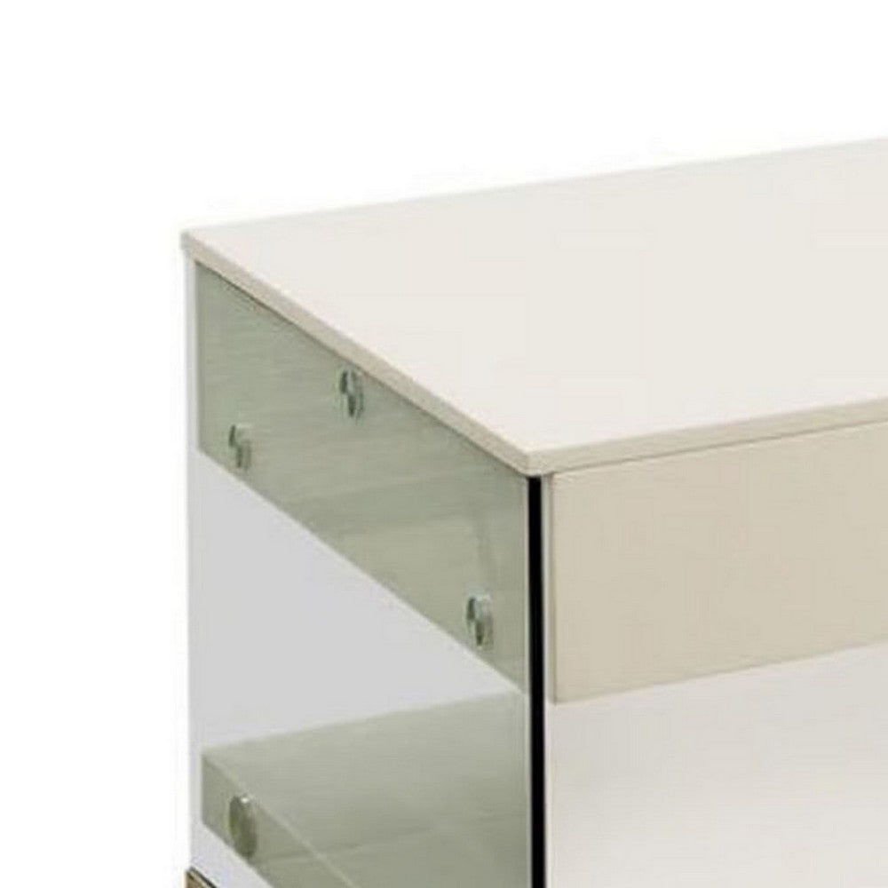 Stub 47 Inch Coffee Table, Glossy White Wood, Glass Side Panels, 1 Drawer
