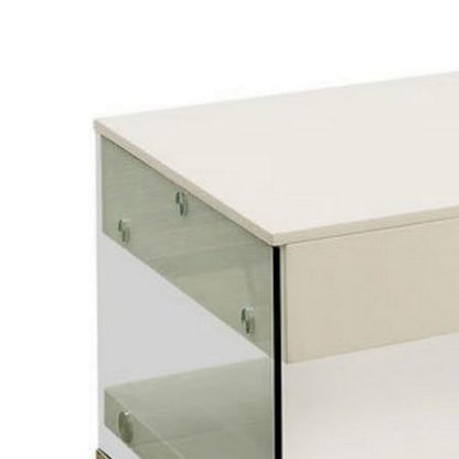 Stub 47 Inch Coffee Table, Glossy White Wood, Glass Side Panels, 1 Drawer