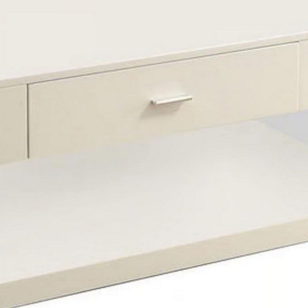 Stub 47 Inch Coffee Table, Glossy White Wood, Glass Side Panels, 1 Drawer