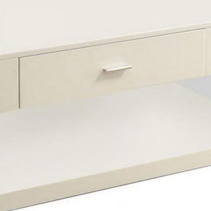 Stub 47 Inch Coffee Table, Glossy White Wood, Glass Side Panels, 1 Drawer
