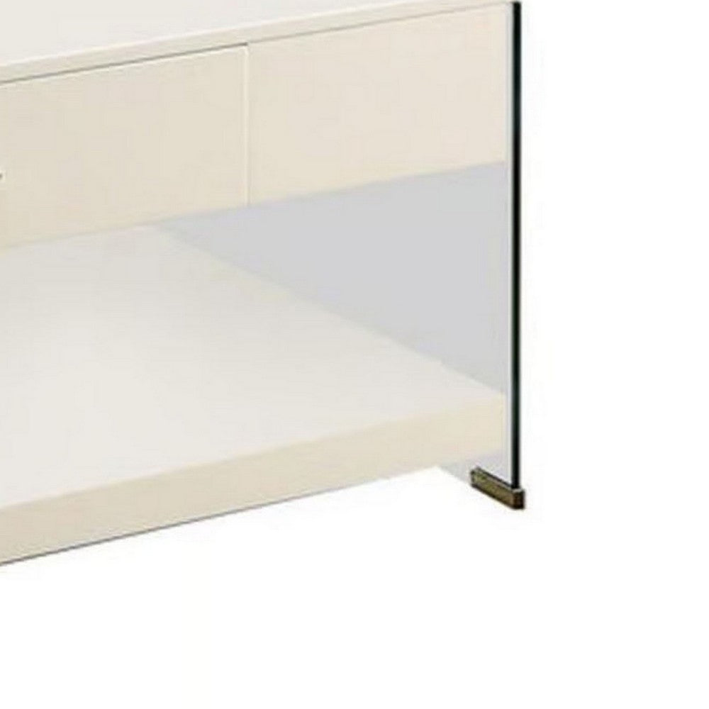 Stub 47 Inch Coffee Table, Glossy White Wood, Glass Side Panels, 1 Drawer
