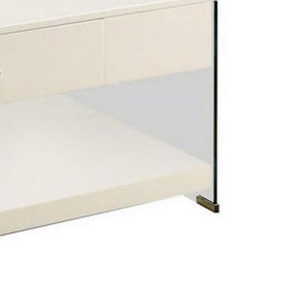 Stub 47 Inch Coffee Table, Glossy White Wood, Glass Side Panels, 1 Drawer