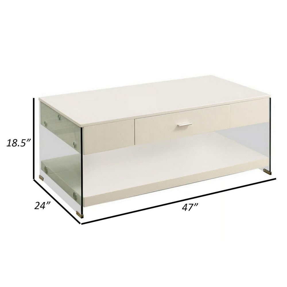 Stub 47 Inch Coffee Table, Glossy White Wood, Glass Side Panels, 1 Drawer