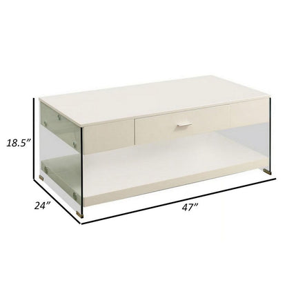 Stub 47 Inch Coffee Table, Glossy White Wood, Glass Side Panels, 1 Drawer