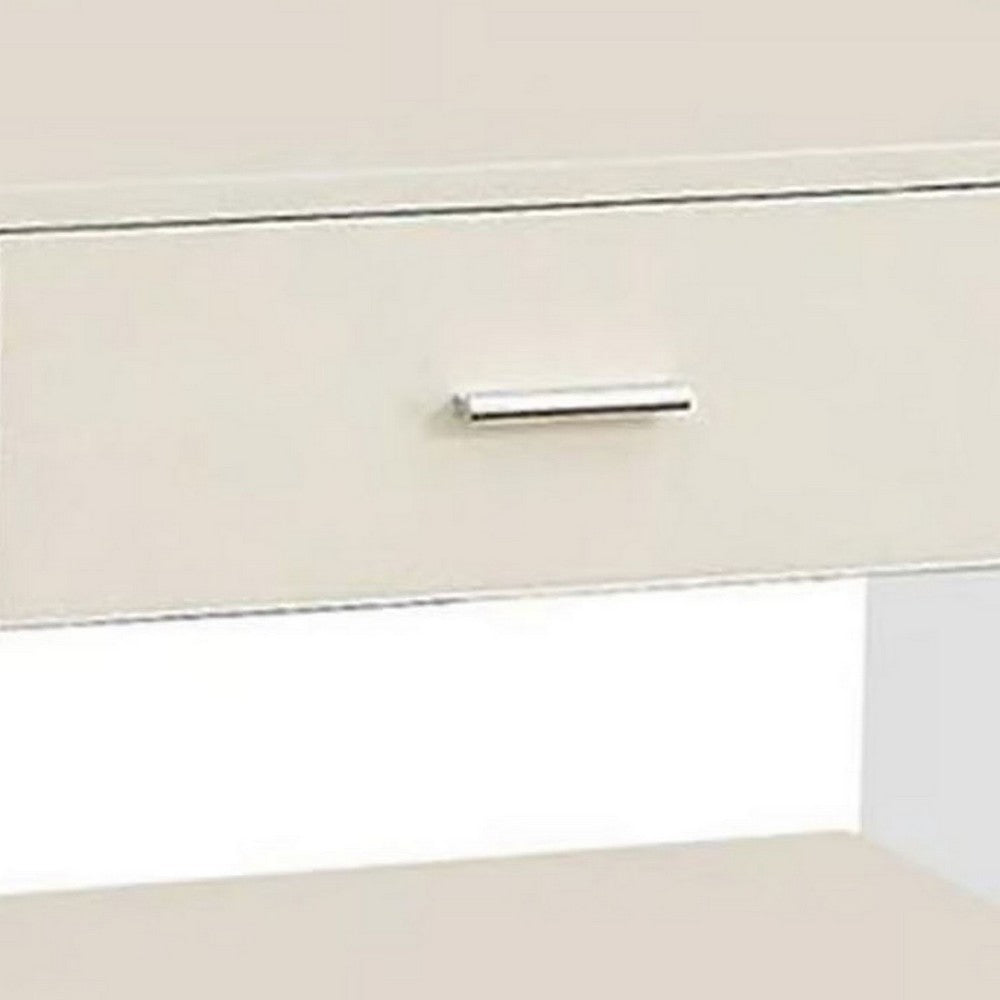 Stub 23 Inch Side End Table, Glossy White Wood, Glass Side Panels, 1 Drawer