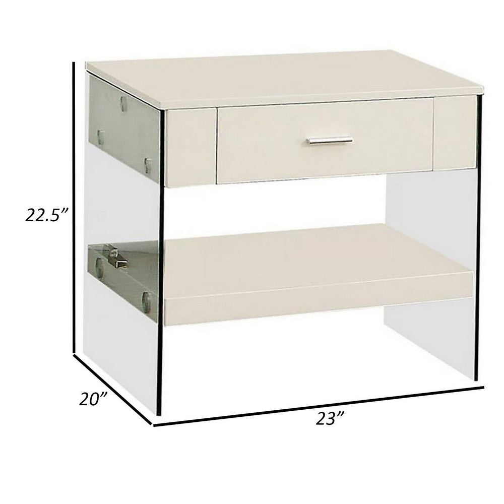 Stub 23 Inch Side End Table, Glossy White Wood, Glass Side Panels, 1 Drawer