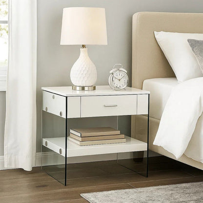 Stub 23 Inch Side End Table, Glossy White Wood, Glass Side Panels, 1 Drawer