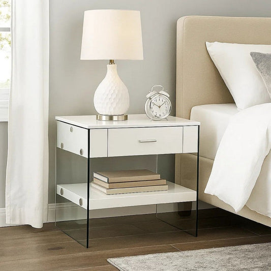 Stub 23 Inch Side End Table, Glossy White Wood, Glass Side Panels, 1 Drawer