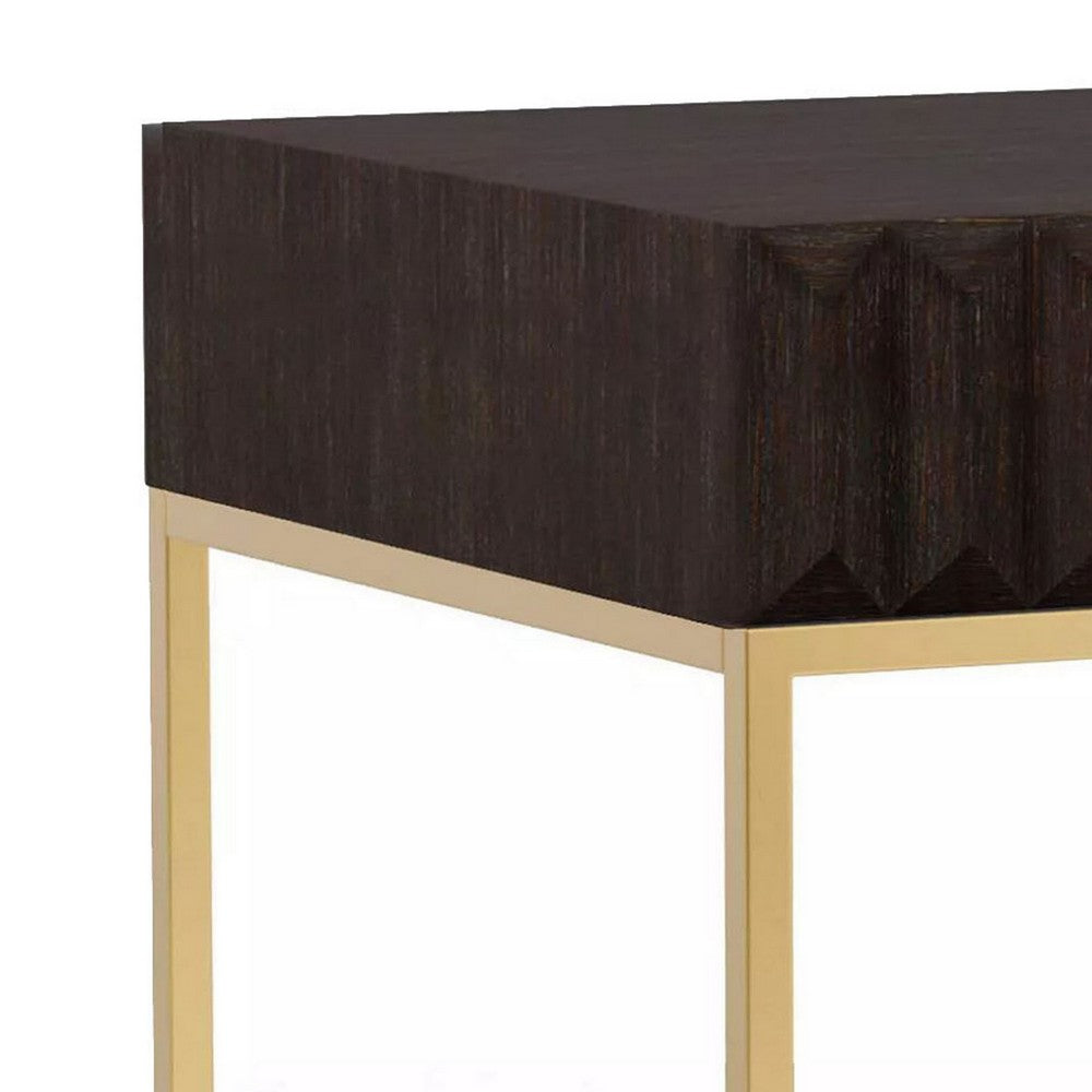 Bran 23 Inch Square Side End Table, Brown Wood, Gold Steel Base, 1 Drawer
