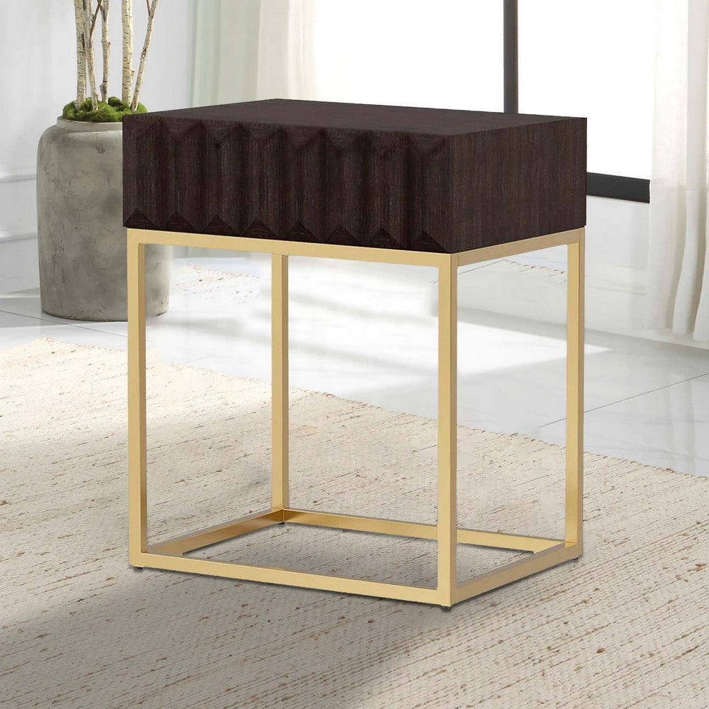 Bran 23 Inch Square Side End Table, Brown Wood, Gold Steel Base, 1 Drawer