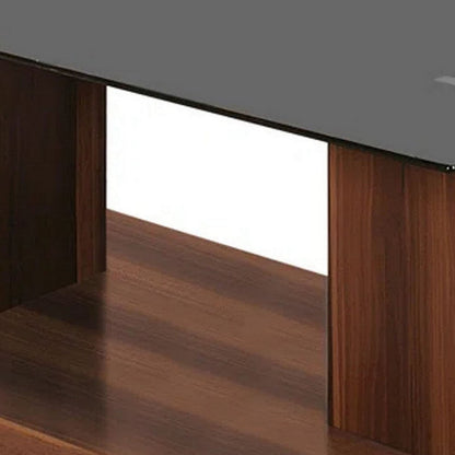 Liam 47 Inch Rectangular Coffee Table, Brown Wood, Pedestal Base, Glass Top