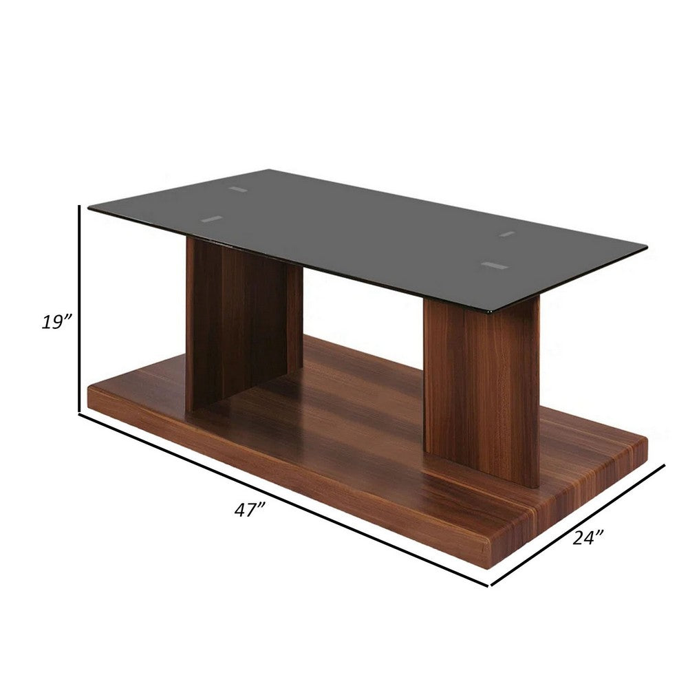 Liam 47 Inch Rectangular Coffee Table, Brown Wood, Pedestal Base, Glass Top