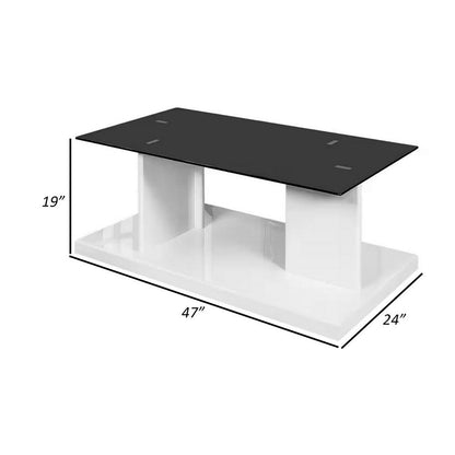 Liam 47 Inch Rectangular Coffee Table, White Wood, Pedestal Base, Glass Top