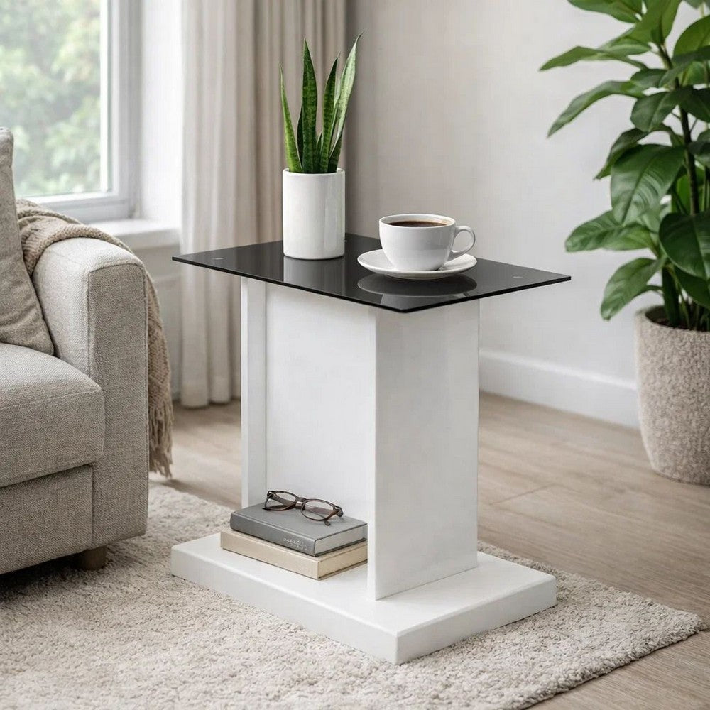 Liam 22 Inch Square Side End Table, White Wood, Pedestal Base, Glass Top