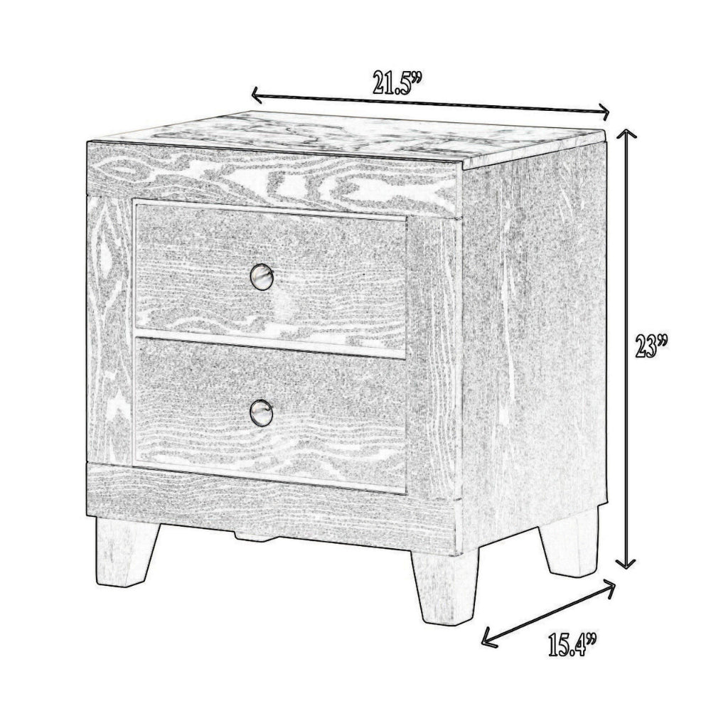 Yoh 23 Inch 2 Drawer Nightstand, White Marble Top, Metal Knobs, Black