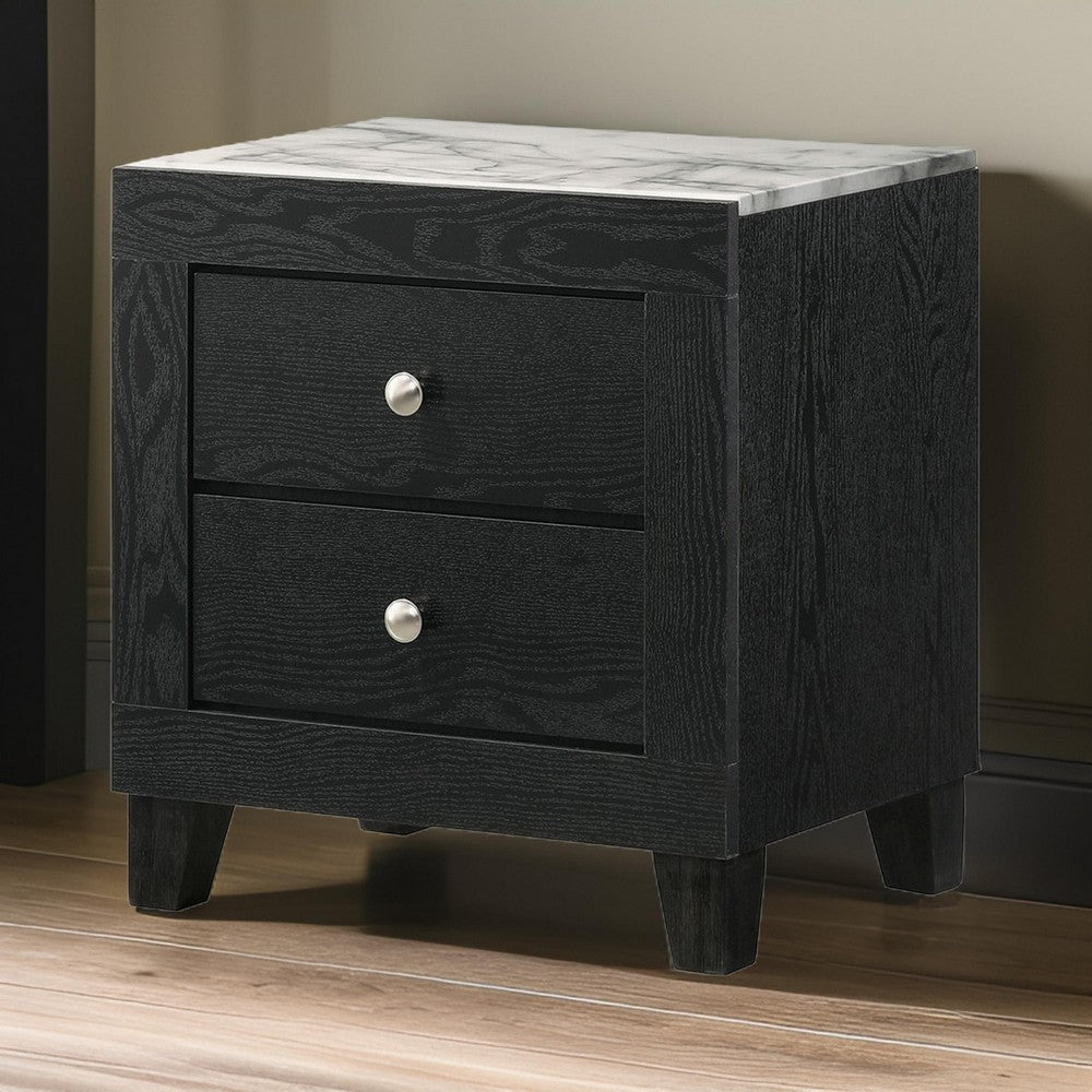 Yoh 23 Inch 2 Drawer Nightstand, White Marble Top, Metal Knobs, Black